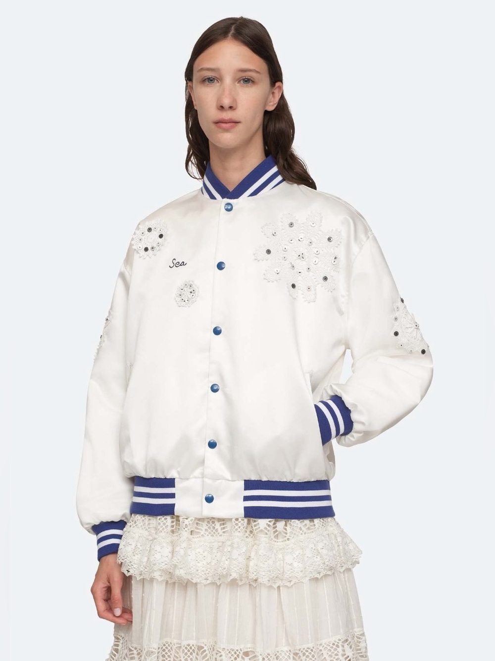 Sea New York Betina S Satin Bomber Jacket Crochet Embellished Varsity White